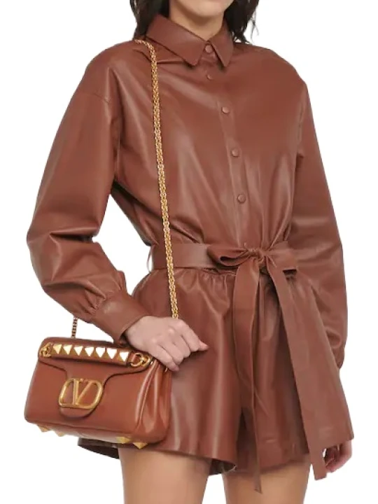 Loose Fit Brown Leather Women Jumpsuit