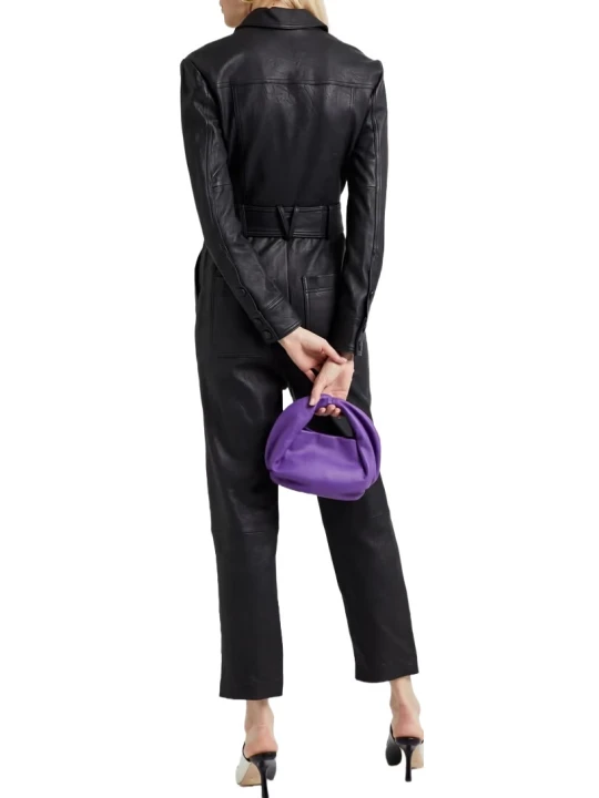 Multipockets Black Leather Jumpsuit
