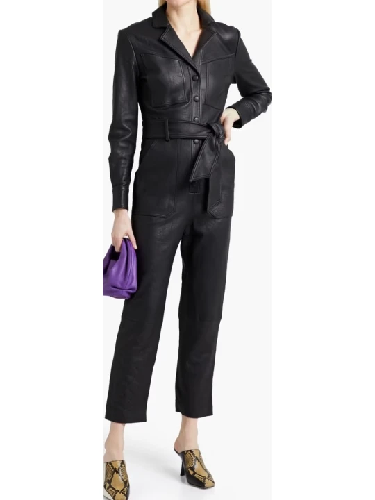 Multipockets Black Leather Jumpsuit