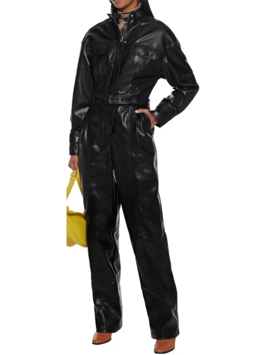 Pleated Black Leather Jumpsuit