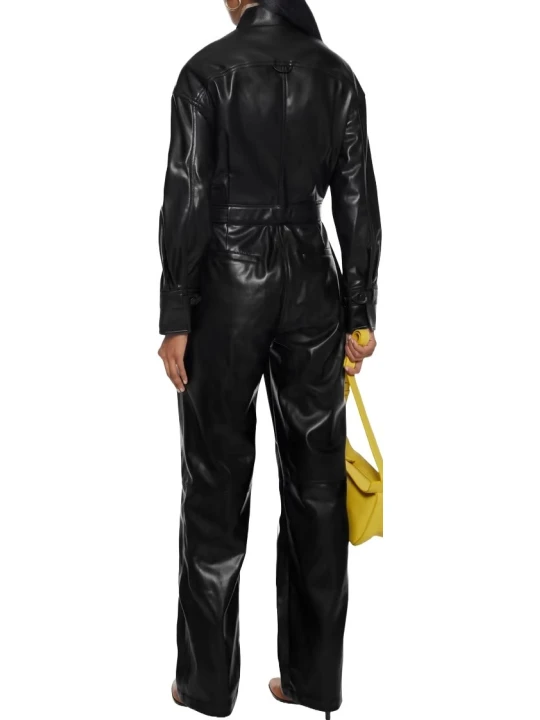 Pleated Black Leather Jumpsuit