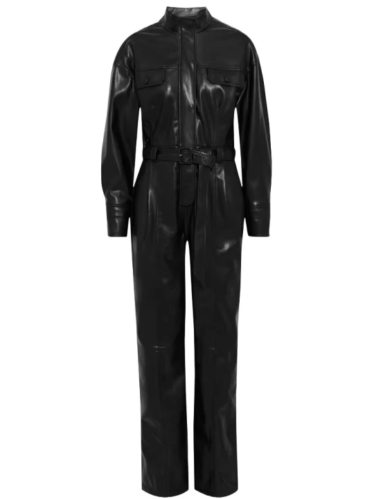 Pleated Black Leather Jumpsuit
