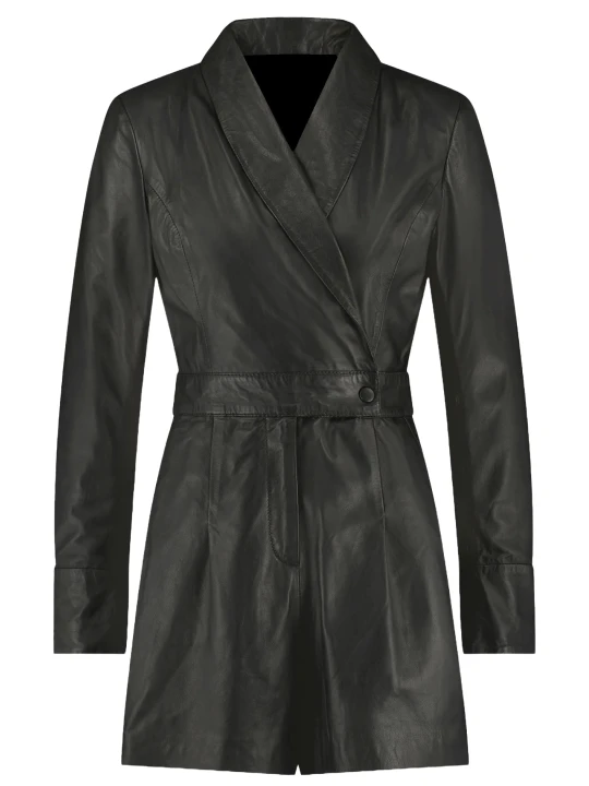 Self Tie Wrap Around Black Leather Jumpsuit