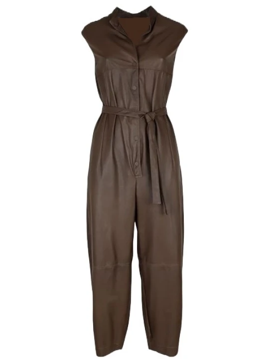 Sleeveless Dark Brown Leather Jumpsuit