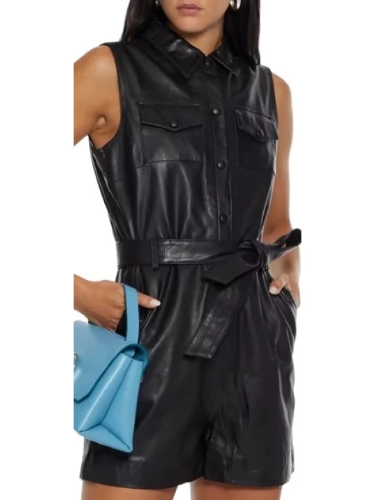 Snap Button Black Leather Jumpsuit
