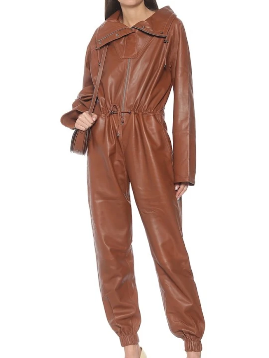Trendy Brown Leather Jumpsuit