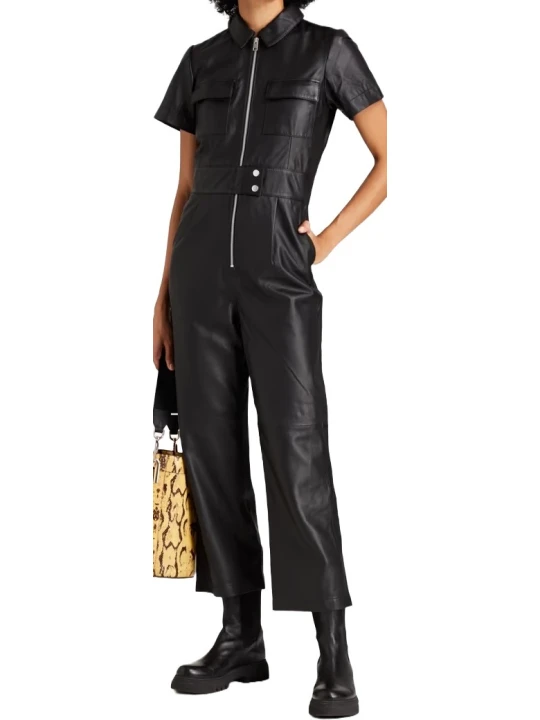 Two Front Pockets Black Leather Jumpsuit