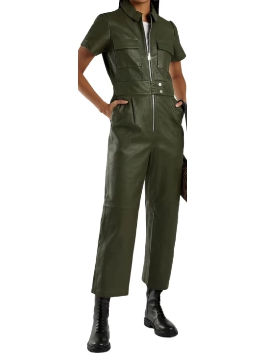 Two Front Pockets Green Leather Jumpsuit