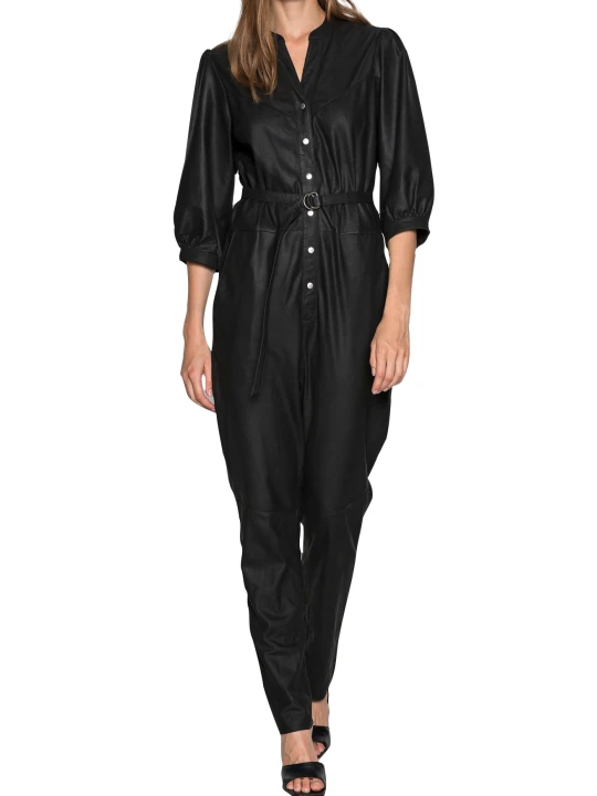 Women Fabulous Real Lambskin Black Leather Jumpsuit