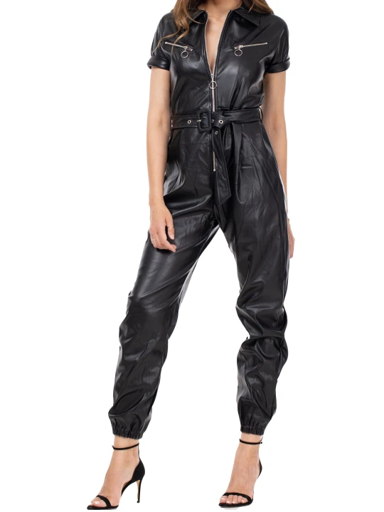 Women Glamorous Real Lambskin Black Leather Jumpsuit