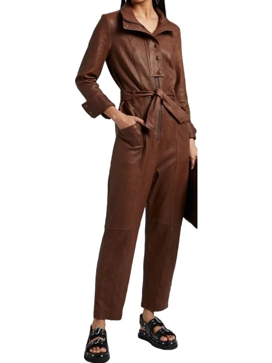 Women Sophisticated Brown Leather Jumpsuit