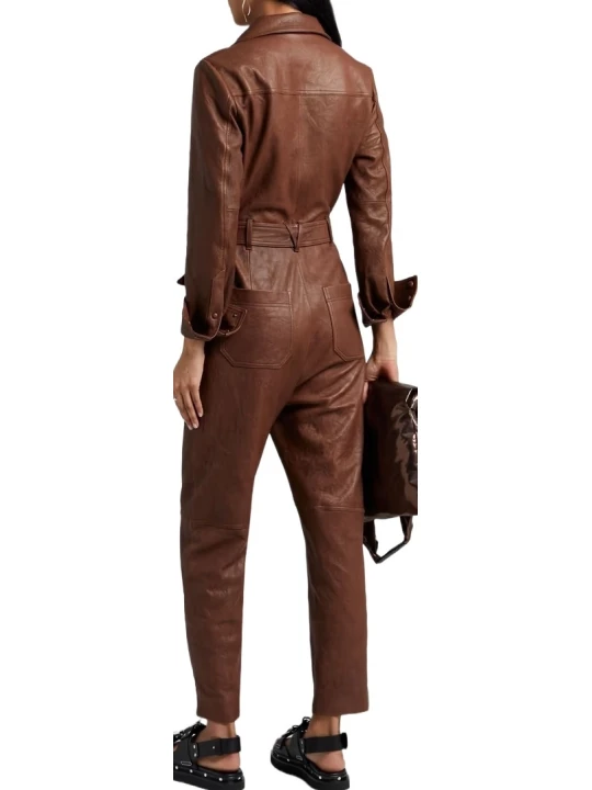 Women Sophisticated Brown Leather Jumpsuit Women Sophisticated Brown Leather Jumpsuit