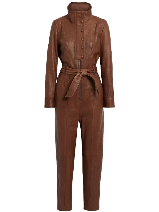 Women Sophisticated Brown Leather Jumpsuit Women Sophisticated Brown Leather Jumpsuit