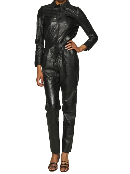 Women Trendsetting Real Lambskin Black Leather Jumpsuit