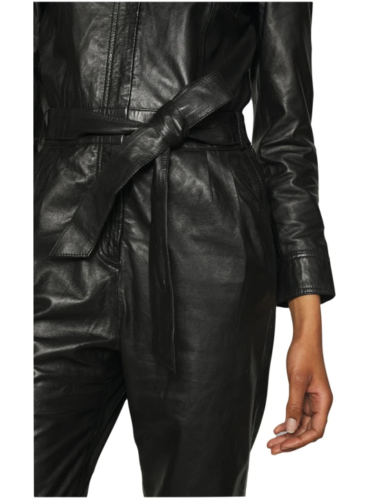 Women Trendsetting Real Lambskin Black Leather Jumpsuit