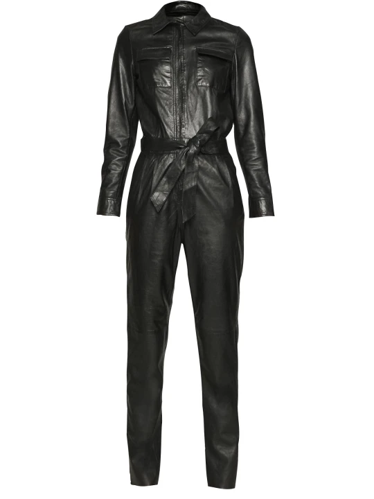 Women Trendsetting Real Lambskin Black Leather Jumpsuit