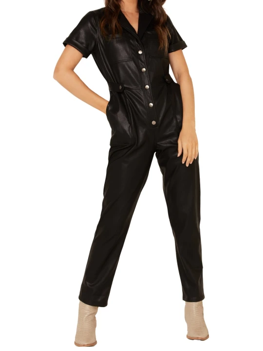 Women Trendy Real Lambskin Black Leather Jumpsuit