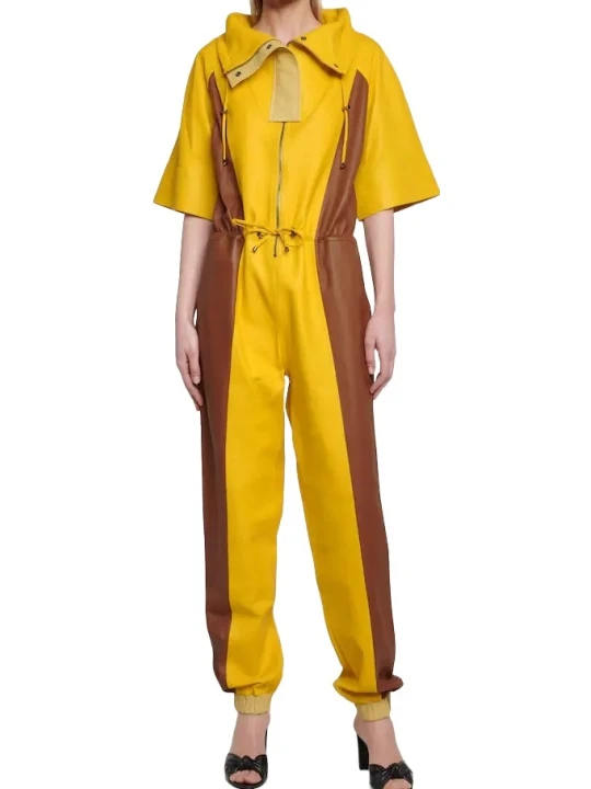 Yellow & Brown Hooded Leather Jumpsuit
