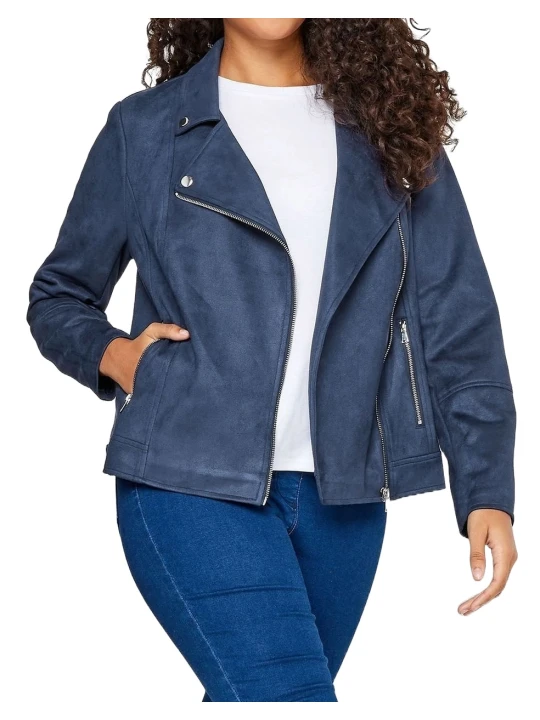 Asymmetrical Zip Blue Suede Leather Moto Jacket