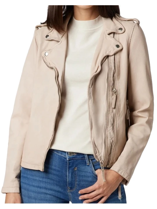 Beige Double Chain Biker Jacket