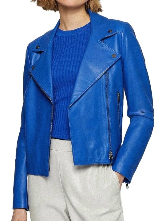Blue Leather Biker Jacket Women