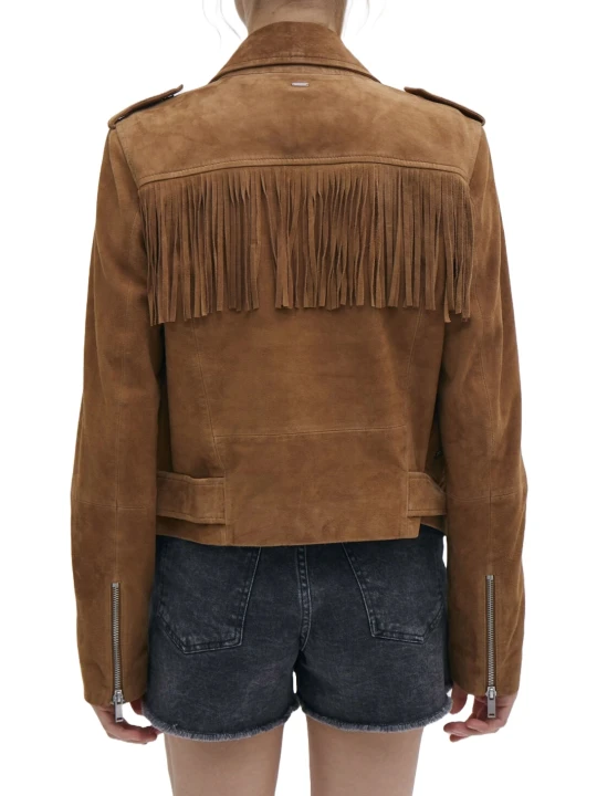 Camel Suede Leather Fringed Biker Style Jacket