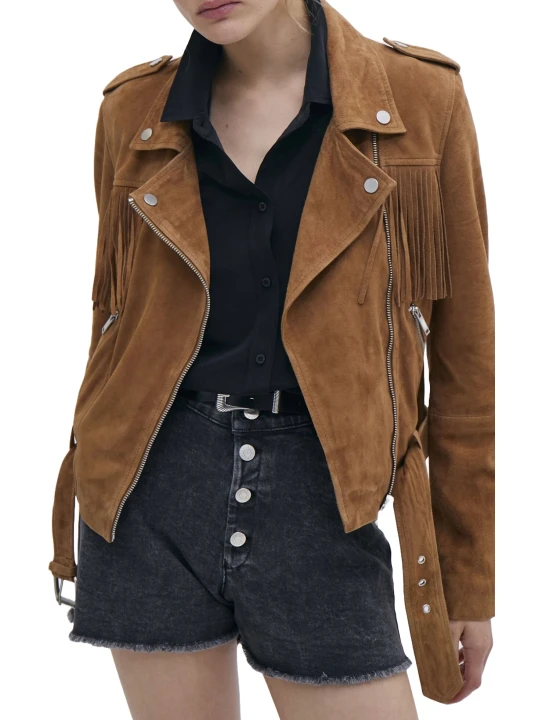 Camel Suede Leather Fringed Biker Style Jacket