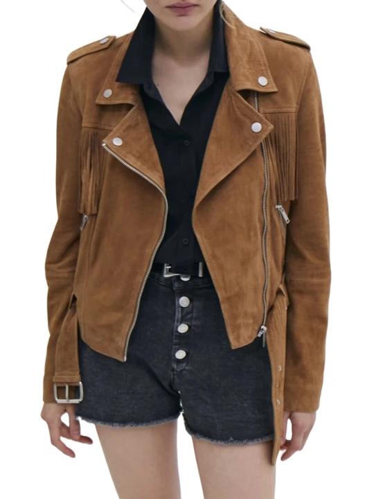 Camel Suede Leather Fringed Biker Style Jacket