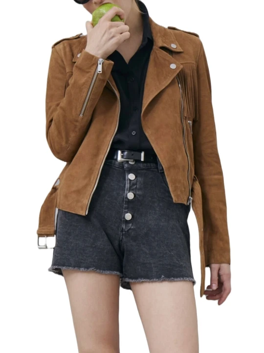 Camel Suede Leather Fringed Biker Style Jacket