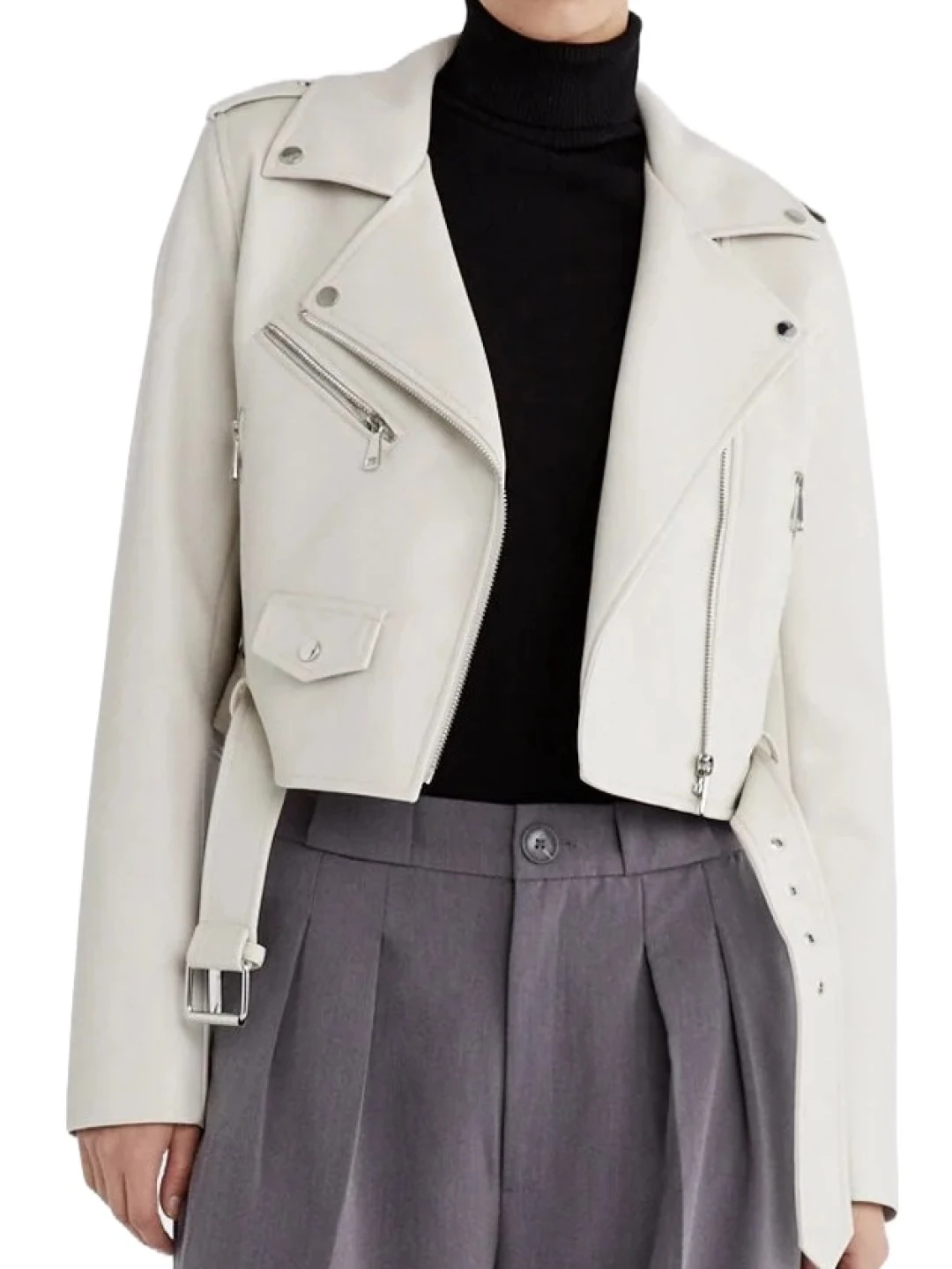 Cropped White Moto Leather Jacket