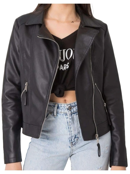 Cross Zip Black Leather Jacket