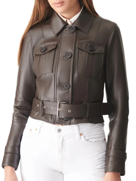 Dark Brown Waist Belt Leather Motorcycle Jacket