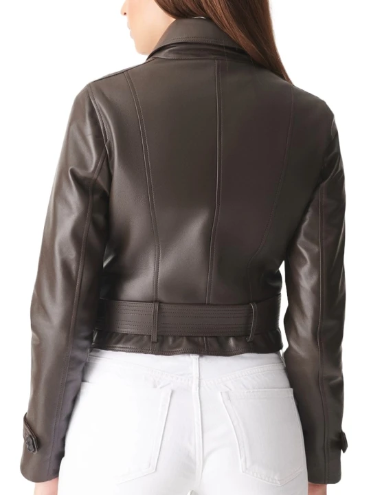 Dark Brown Waist Belt Leather Motorcycle Jacket