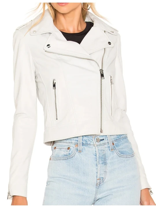 Elegant White Leather Racer Jacket