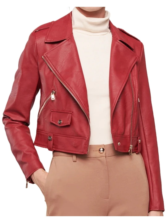 Front Pockets Red Leather Biker Jacket