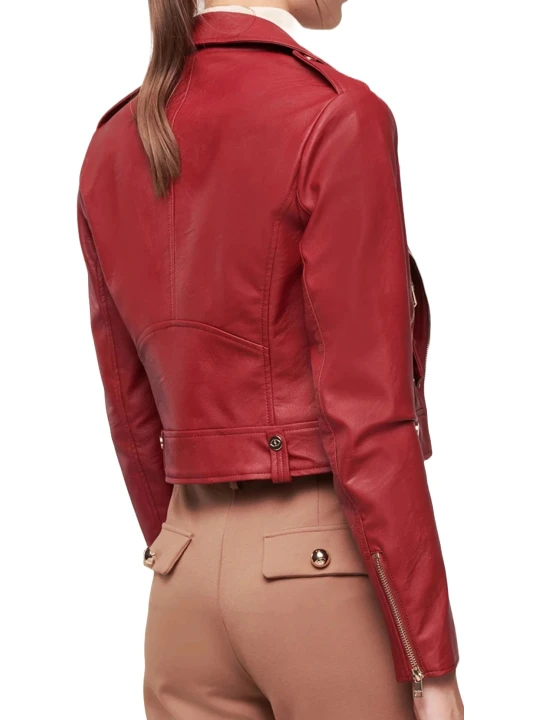 Front Pockets Red Leather Biker Jacket