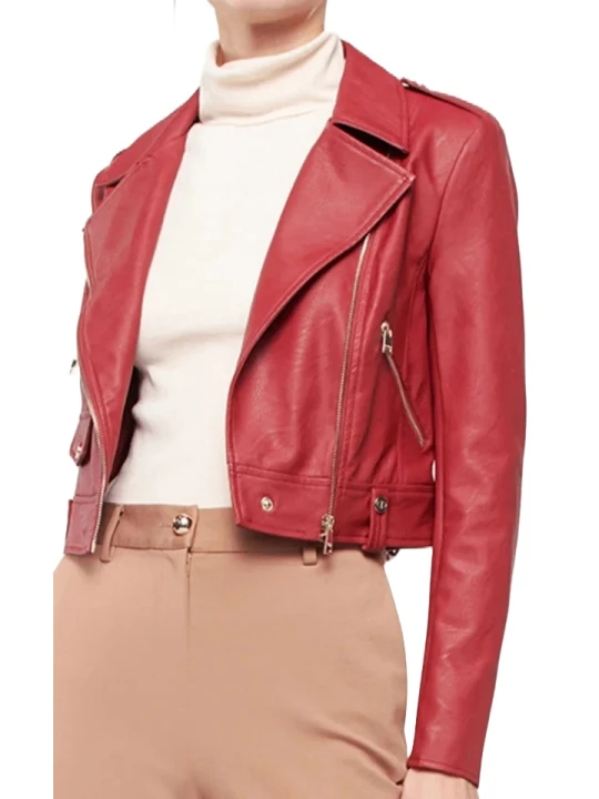 Front Pockets Red Leather Biker Jacket
