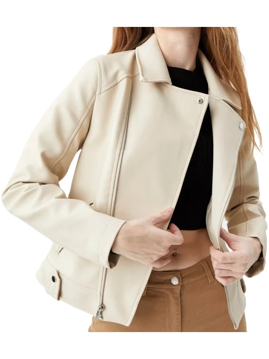 Front Zip Cream Moto leather Jacket