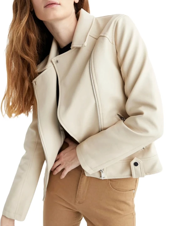 Front Zip Cream Moto leather Jacket