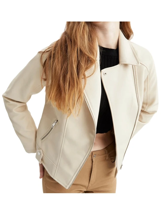 Front Zip Cream Moto leather Jacket