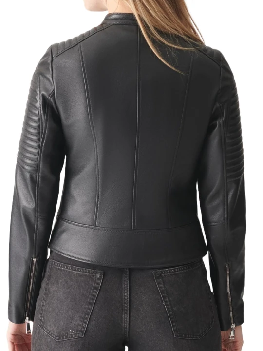 Front Zipped Black Leather Moto Jacket