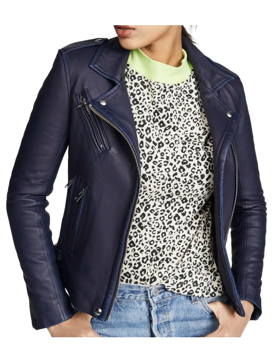 Genuine Navy Blue Leather Moto Jacket Women