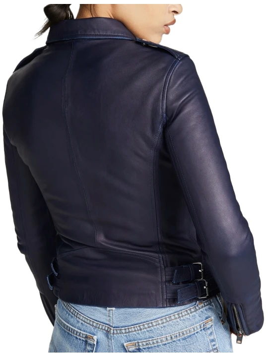 Genuine Navy Blue Leather Moto Jacket Women