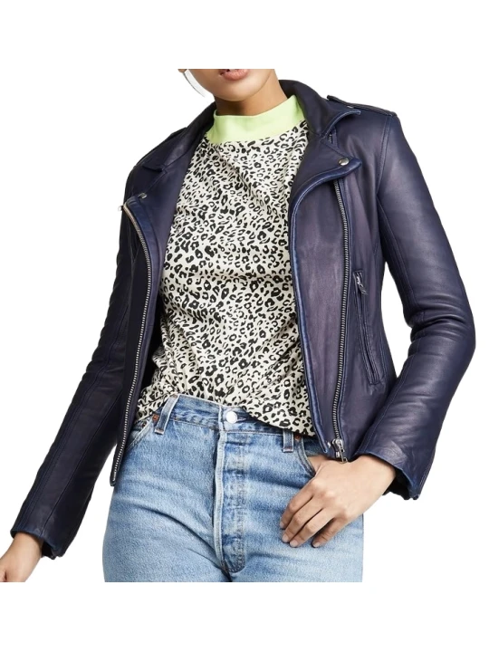 Genuine Navy Blue Leather Moto Jacket Women
