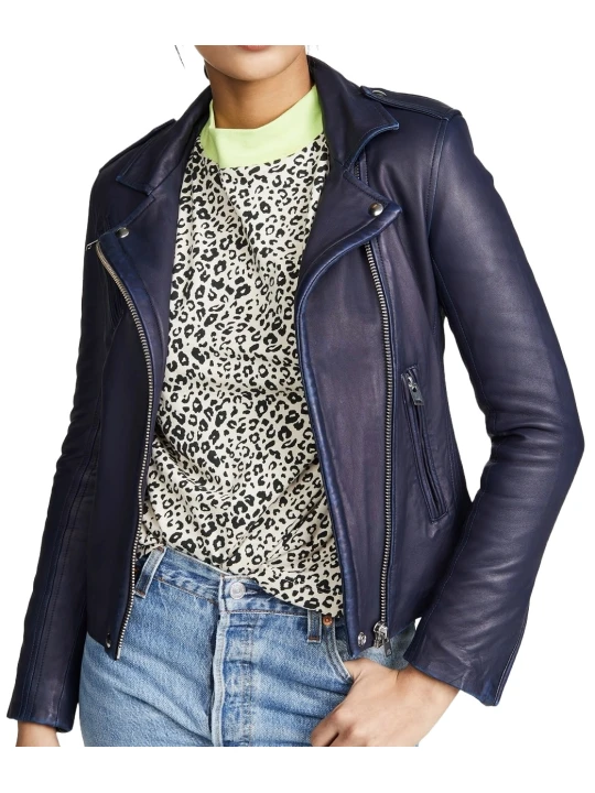 Genuine Navy Blue Leather Moto Jacket Women