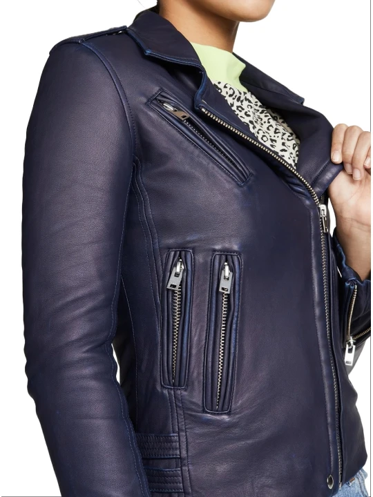 Genuine Navy Blue Leather Moto Jacket Women