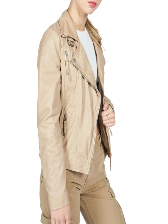 Leather Moto Jacket Beige