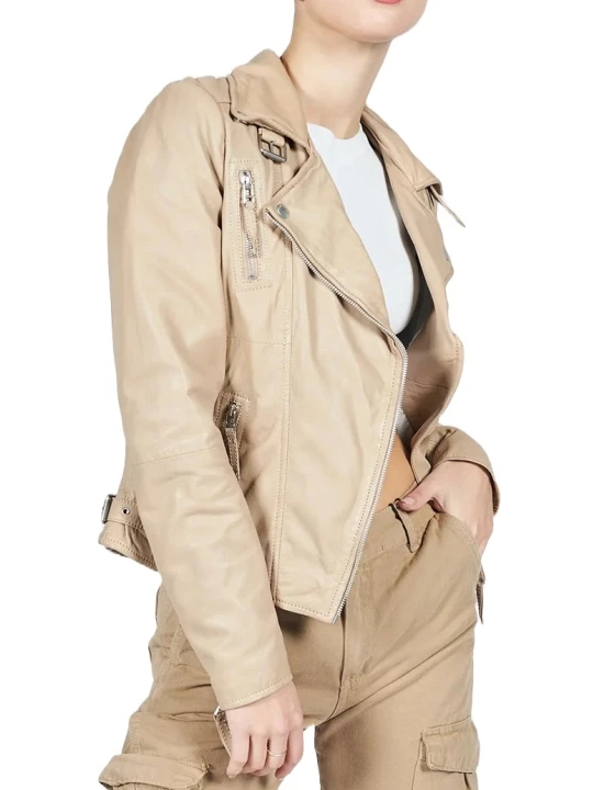 Leather Moto Jacket Beige