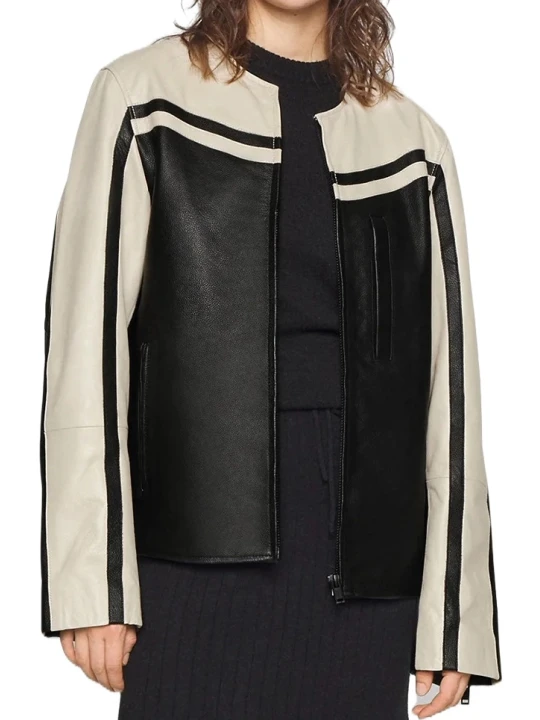 Motorcycle Black And Cream Leather Jacket