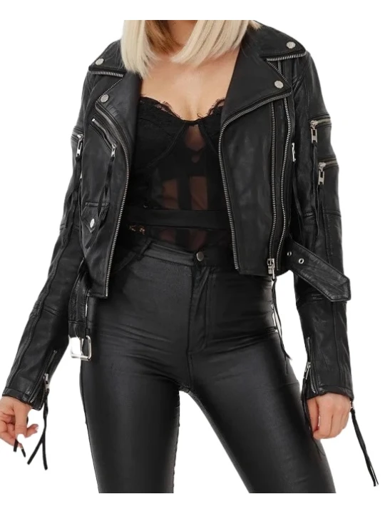 Multi Zip Leather Biker Jacket Black